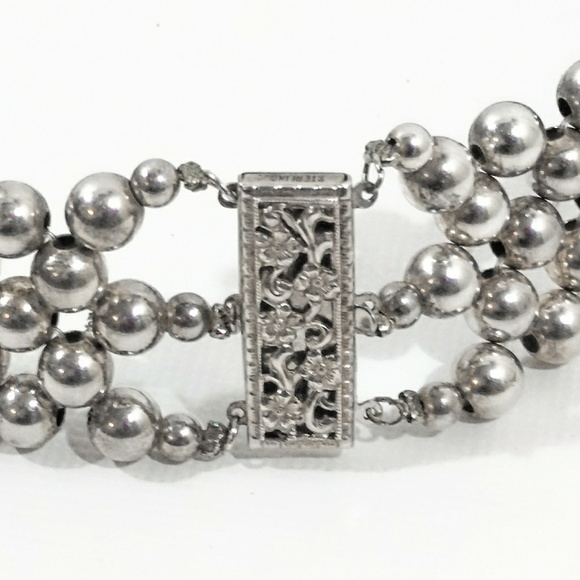 Vintage Taxco Signed Sterling Silver Onyx Beaded Choker Necklace - Picture 6 of 8